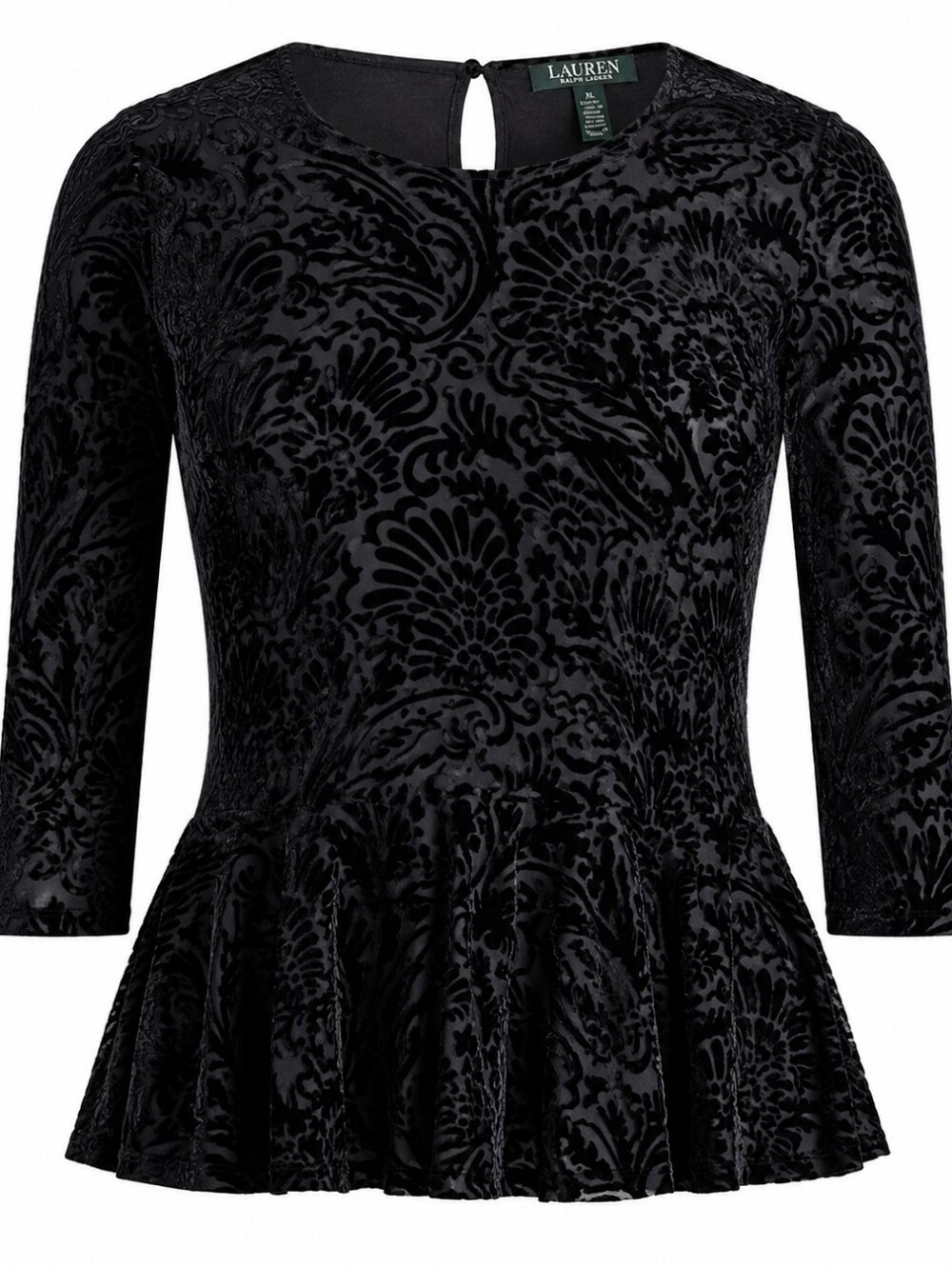 LAUREN RALPH LAUREN | Tonal Black Burnout Velvet Peplum Whimsigoth Top | XL